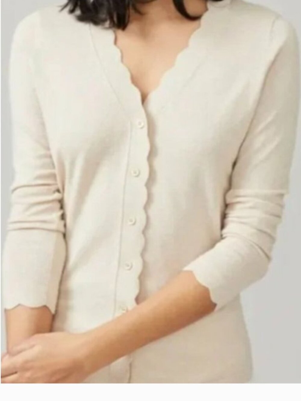 NWT J Mclaughlin Emmy Sweater Women XL Cardigan Knit Tan Cotton Cashmere Scallop